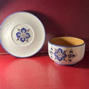 Deruta Italian Pottery Soup Mug & Plate Set | Hand-Painted Blue Floral